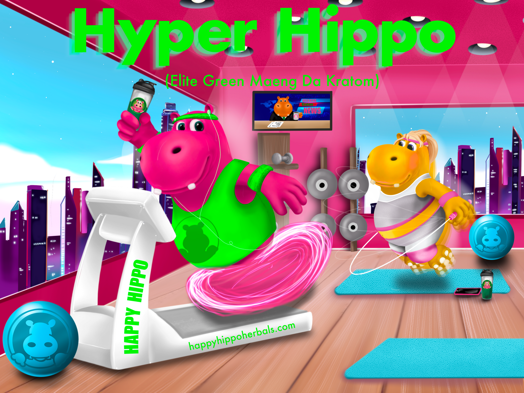 Pink Hippo character running on a treadmill with a shaker bottle full of green Kratom tea | Hyper Hippo Green Maeng Da Kratom Happy Hippo Herbals