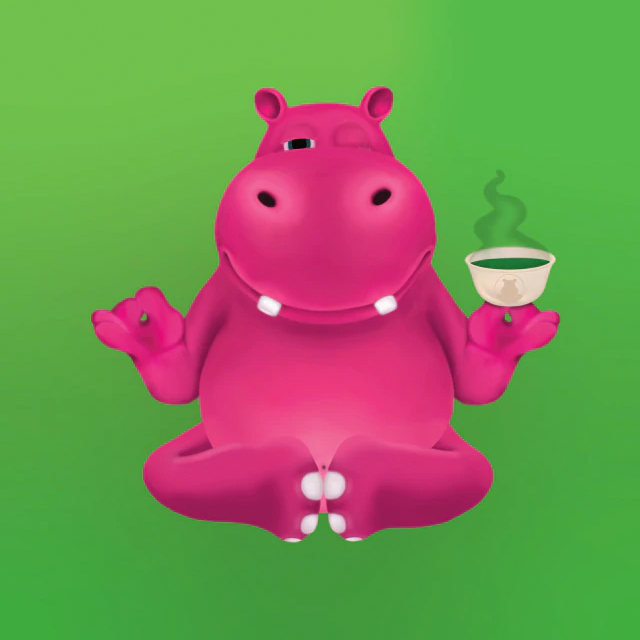 Puddles the Hippo character sitting cross-legged in the Lotus Position, feeling the zen from enjoying a cup of Happy Hippo brand Kratom Tea! The image promotes Slow Speed Kratom Strains!