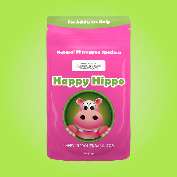 Product Image depicting a 1oz bag of Happy Hippo Green Borneo Kratom Powder (Mitragyna Speciosa).