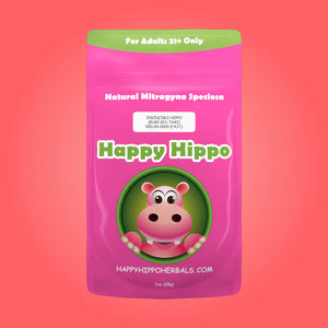 Product Image depicting a 1oz bag of Happy Hippo Red Vein Thai Kratom Powder (Mitragyna Speciosa).