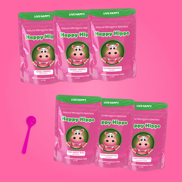Featured image depicting product renders of  the Relaxation Kratom Strain Bundle, which includes; White Hulu, Red Sumatra, Red Bali, Green Bali, Gold Bali, Super Red Horned kratom strains, on a pink background. A 1-gram little pink measuring scoop sits next to the products.