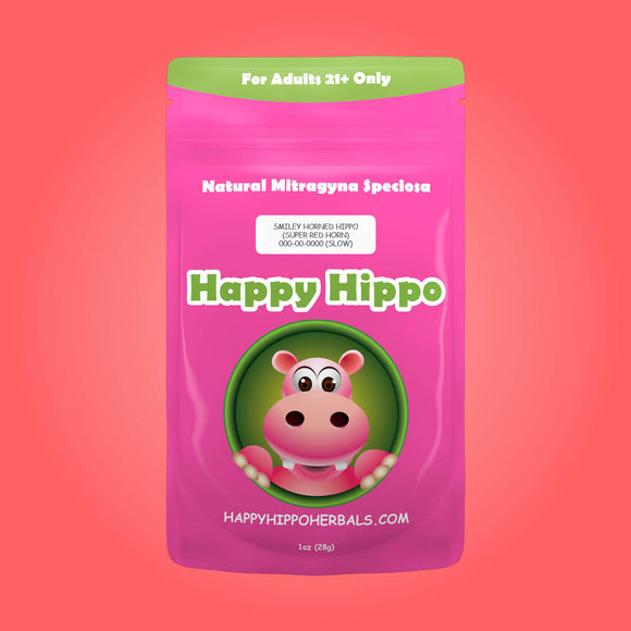 Product Image depicting a 1oz bag of Happy Hippo Red Horn Kratom Powder (Mitragyna Speciosa).