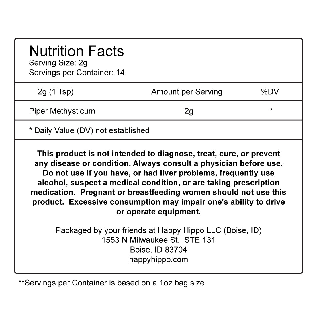 Infographic Details for Happy Hippo Solomon Chief Instant Kava Power (Piper Methysticum), with 7% Kavalactones. For adults only, 21+ and over. 2 grams per serving; 14 servings per container. This product is not intended to diagnose, treat, cure, or prevent any disease or condition. Always consult a physician before use.