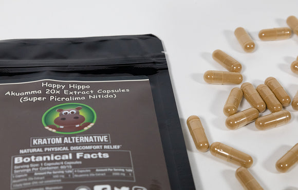 Featured Image depicting a bag of Happy Hippo brand Akuamma laying on a counter next to several scattered pills containing akuamma extract powder