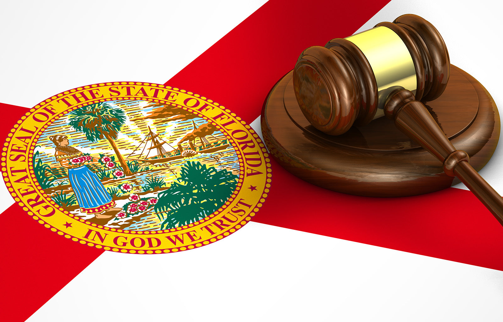 Featured image depicting the Great Seal of the State of Florida, sitting next to a judges gavel - Is Kratom Legal in Florida?