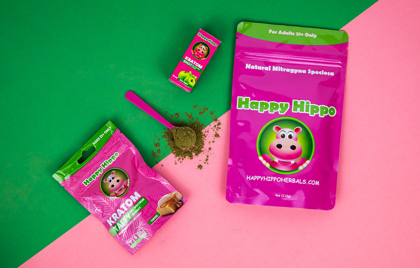 Featured image depicting an array of Happy Hippo brand kratom products, including two packets of kratom powder for making kratom tea, and a (Sour Apple flavored) Liquid Kratom Energy Shot.