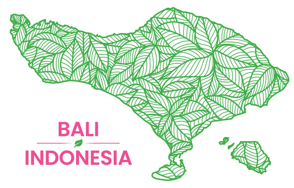 Featured image depicting a graphic designed depiction of the Indonesian island of Bali. It's entire surface is covered in a graphic pattern depicting kratom leaves.