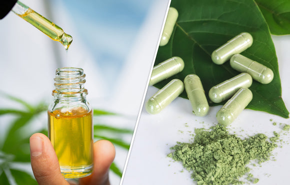 Featured image depicting a split screen image with a bottle of golden CBD Oil on the left, and a handful of green kratom leaves, along with some kratom capsules and kratom powder on the right. The image is meant to compare the two products CBD and Kratom.