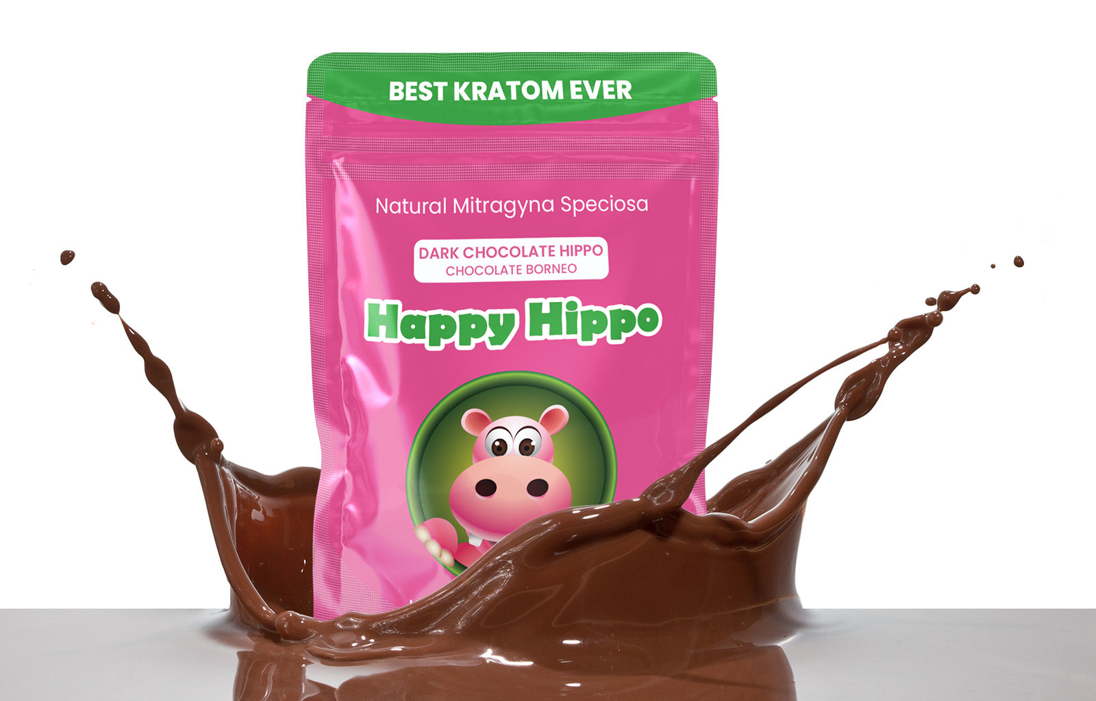 Featured Image depicting a 4oz packet of Happy Hippo Brand, Chocolate Forest Bentuangie Kratom Power falling into a pool of creamy liquid chocolate and making a big splash