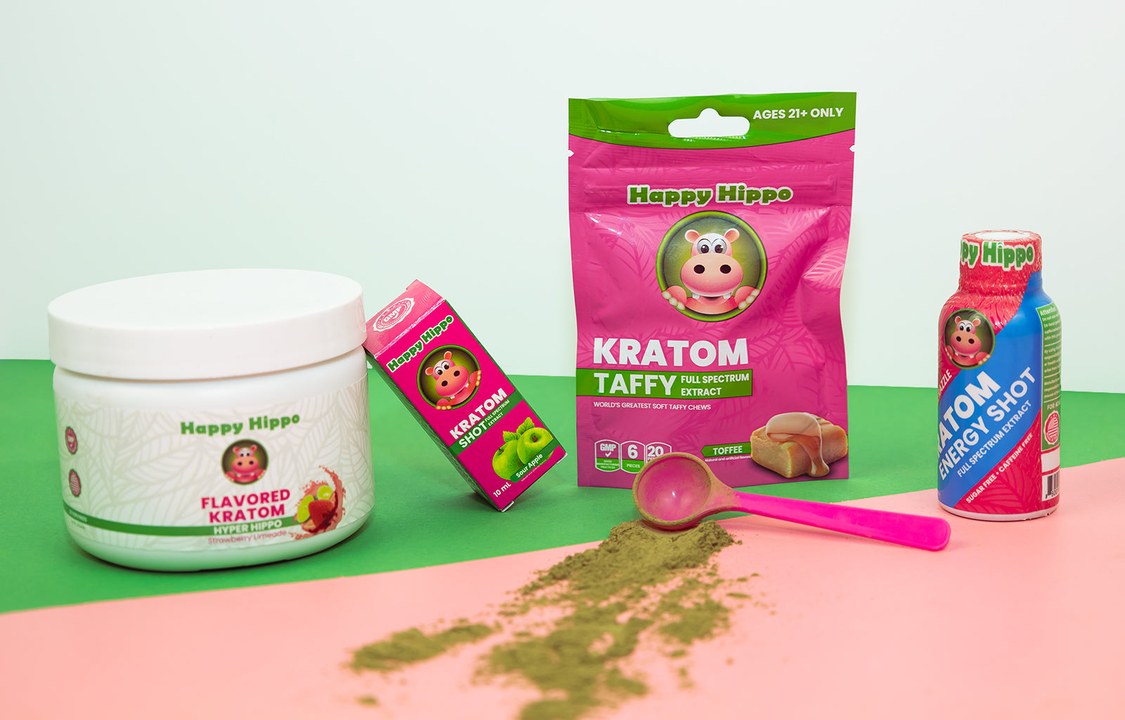 Featured Image depicting an array of Happy Hippo branded kratom products