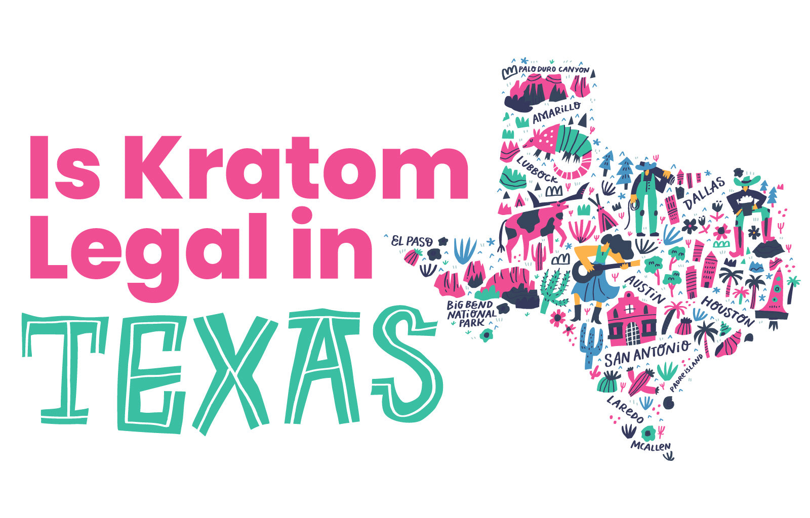 Featured image depicting a colorful image of the state of Texas, along with the phrase 'Is Kratom Legal in Texas'