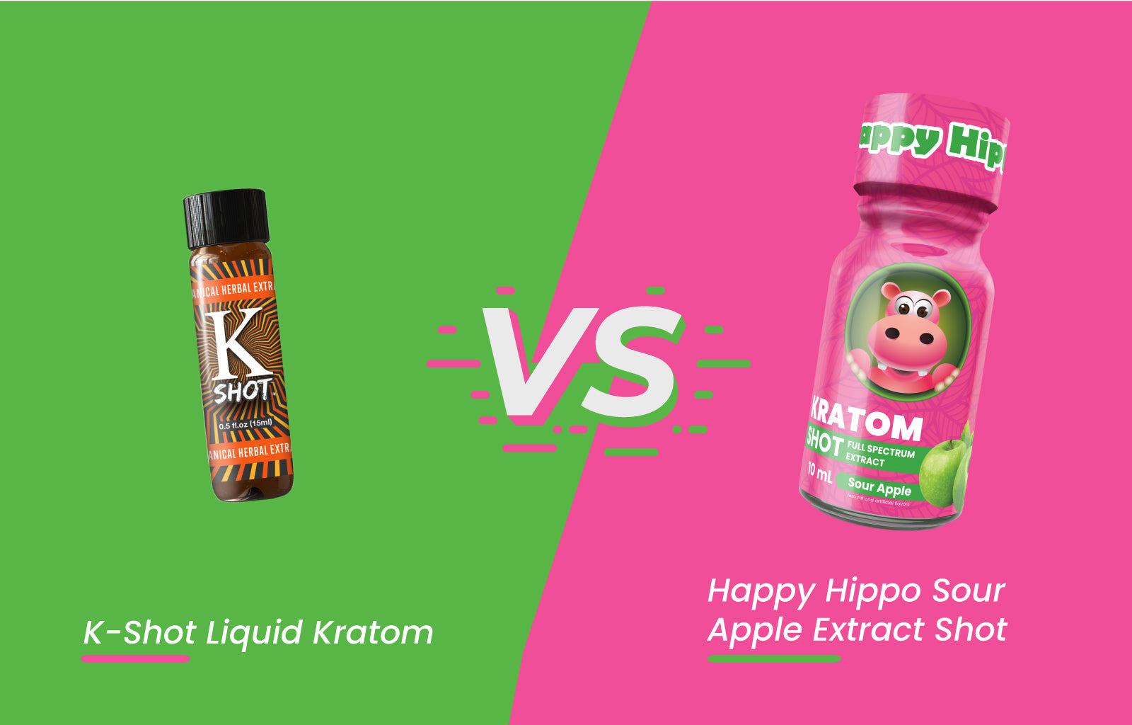 Featured image depicting the Pop Kratom brand K Shot Liquid Kratom Energy Shot Versus the Happy Hippo Brand Kratom Extract, Kratom Energy Shot; An image of the K Shot sits on the left, and the Sour Apple Kratom Energy Shot on the right.