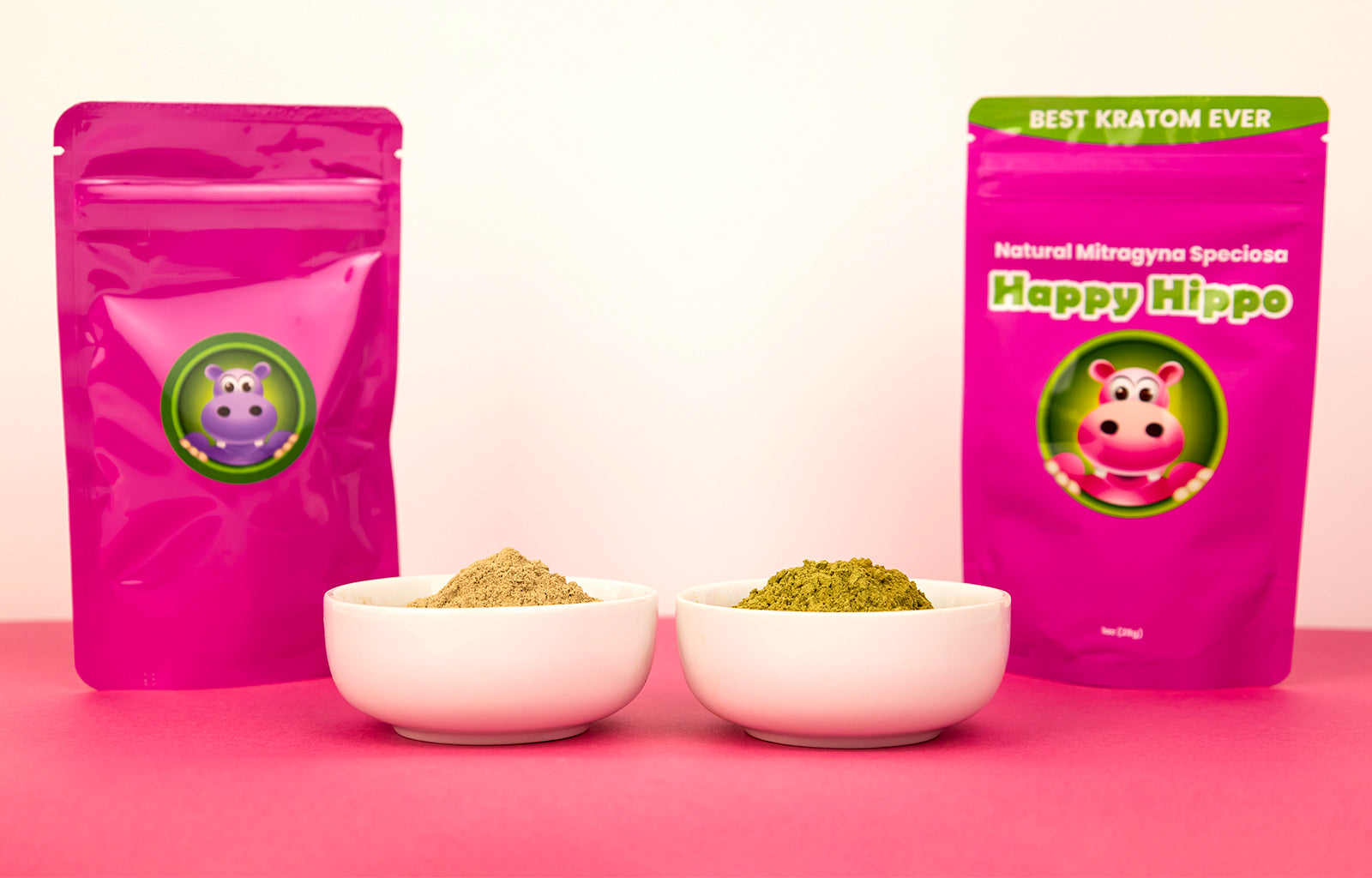 Featured Image depicting dueling packets of Happy Hippo Branded Fijian Waka Kava Powder on the left, and a packet of Green Maeng Da Kratom Powder on the Right. A White bowl containing loose powder sits in front of each amazing botanical.
