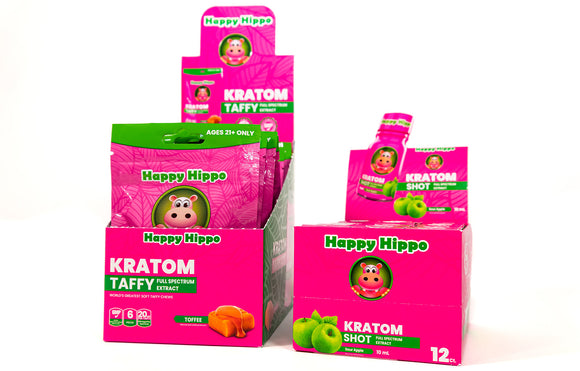 Featured image depicting two Happy Hippo Brand product displays; one featuring Kratom Extract Toffee Flavored Taffy, and the other depicting a Kratom Extract Sour Apple Energy Shot