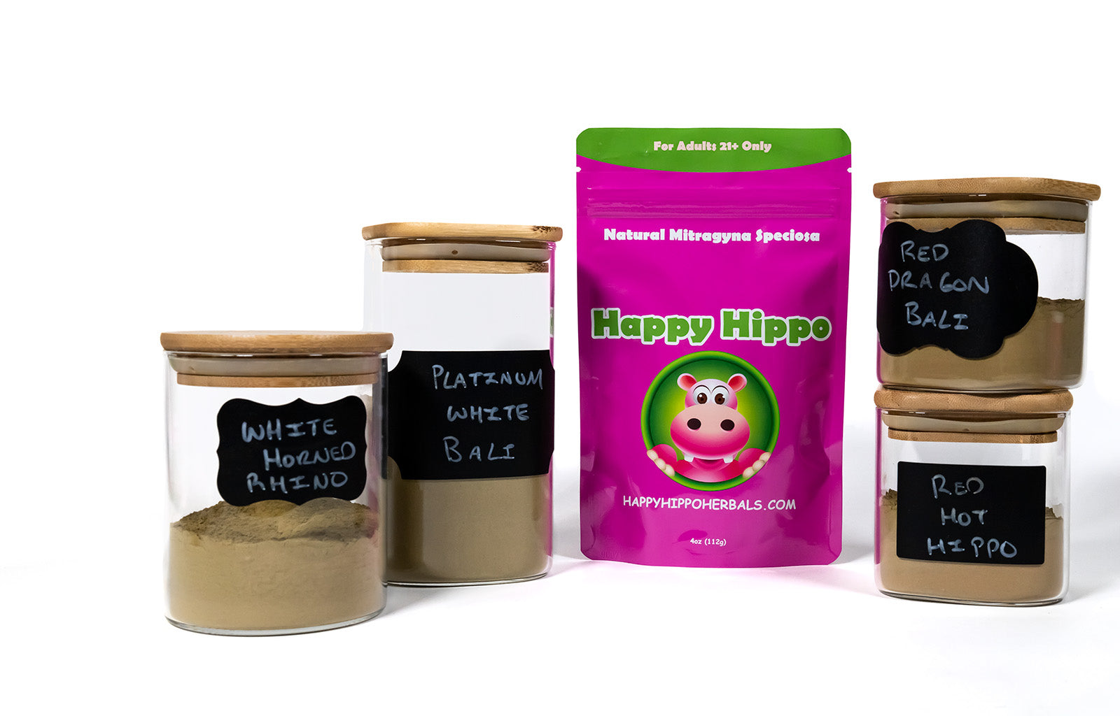 Featured image depicting an array of Happy Hippo Brand kratom powder, in glass jars. Labels include: White Horned Rhino, White Bali, Red Bali, and Red Maeng Da kratom powder. Among the glass jars is a single 4oz packet of Green Maeng Da kratom powder.
