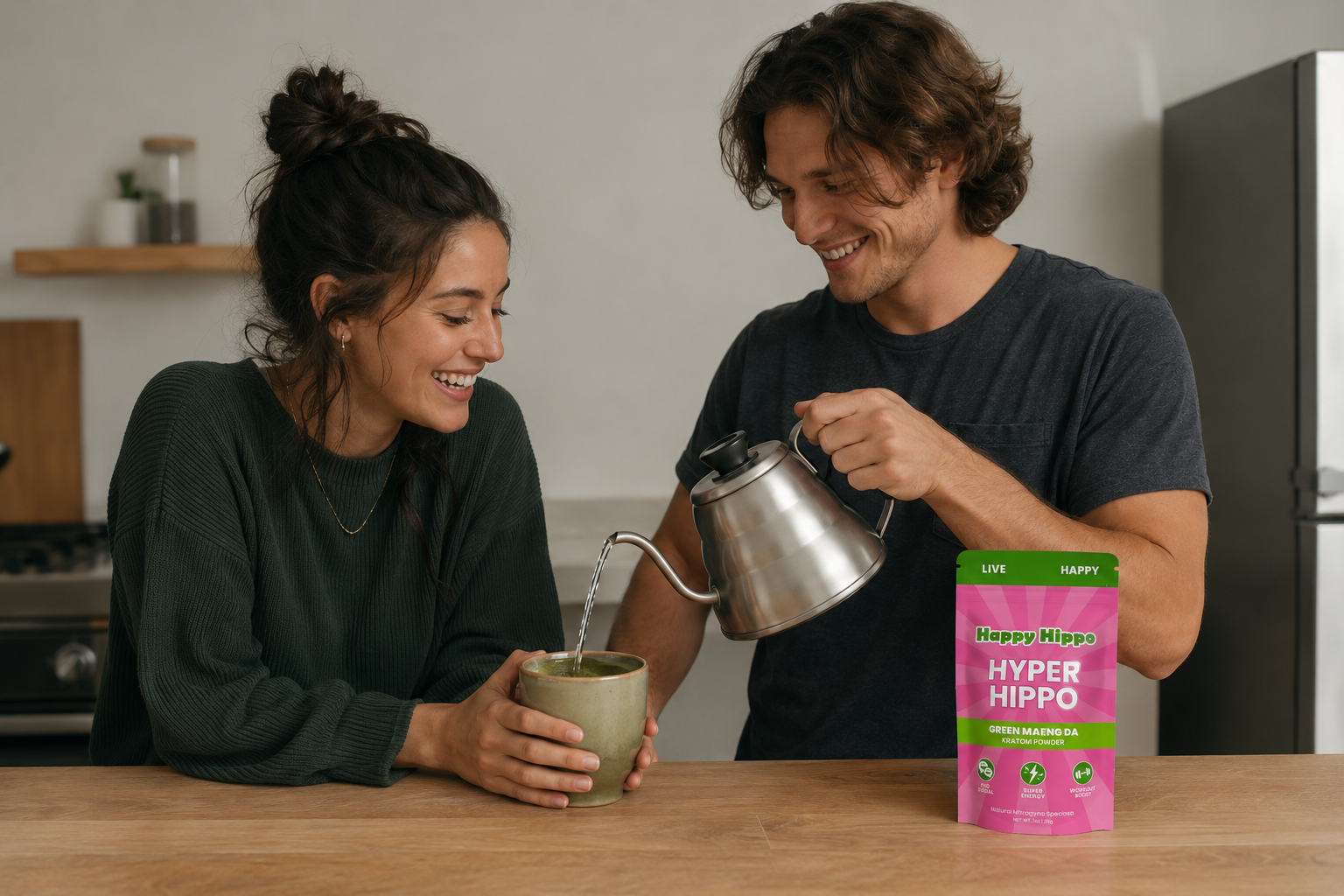 Mand and woman drinking Kratom Tea - Green Maeng Da