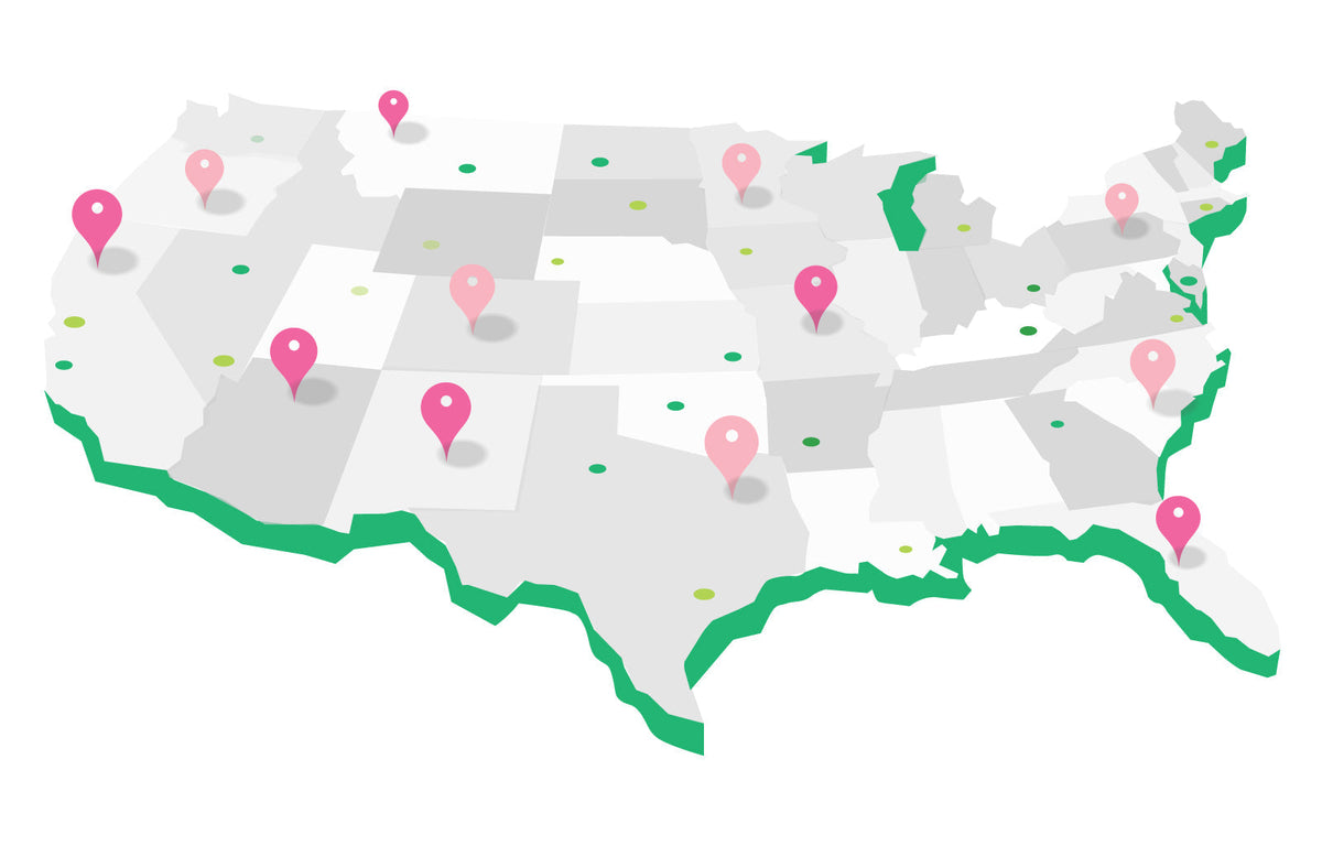 Graphic Designed image depicting a map of the United States with location pins in each state you can find kratom near you