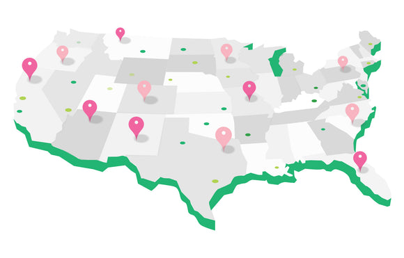 Graphic Designed image depicting a map of the United States with location pins in each state you can find kratom near you