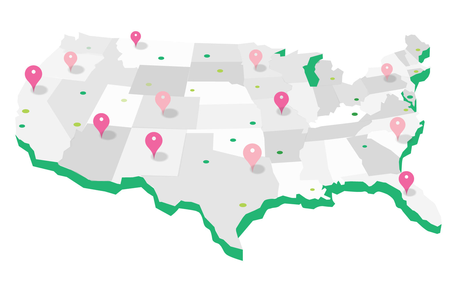 Graphic Designed image depicting a map of the United States with location pins in each state you can find kratom near you