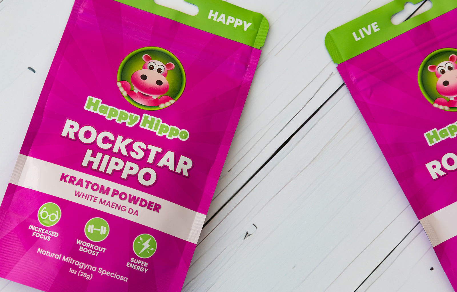 Featured image depicting two Happy Hippo branded packets of White Maeng Da (Rockstar Hippo) Kratom Powder.