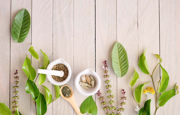 Featured image depicting a wooden tray strewn with a variety of colorful, green botanical herbs. Two small cups and a mortar and pestle are filled with kratom powder, crushed kanna, and other herbs.