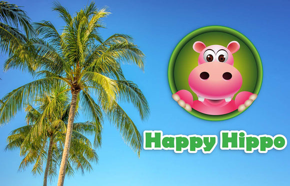 Featured Image depicting a big California Palm Tree next to the Happy Hippo Herbals logo, with a gradient blue sky. Beneath the logo it reads "Happy Hippo"