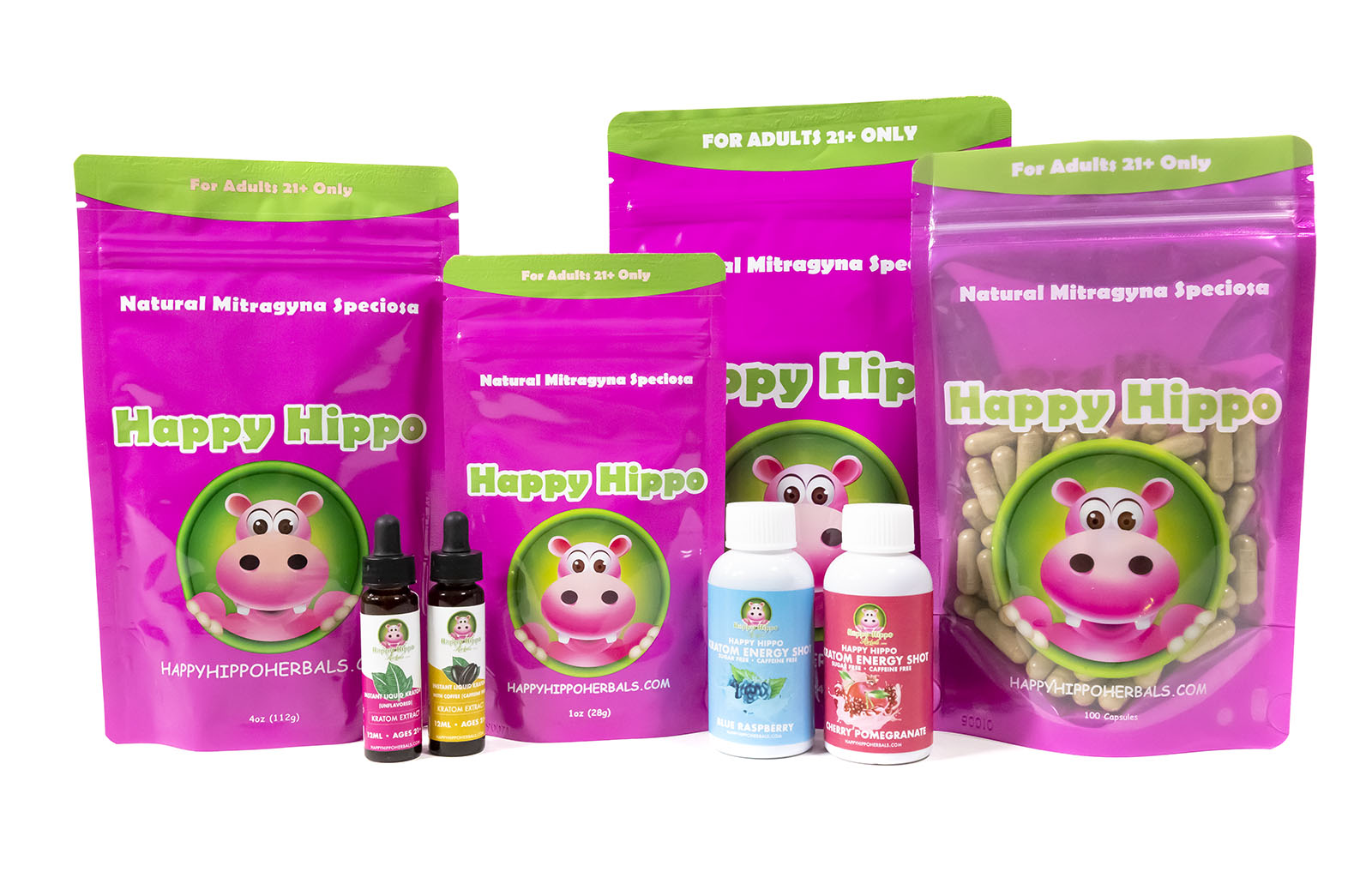 Featured Image depicting an array of Happy Hippo's Best Kratom Products - Kratom powder, kratom capsules, Kratom Extracts, and kratom Energy Shots