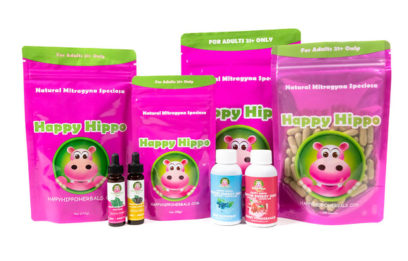 Featured Image depicting an array of Happy Hippo's Best Kratom Products - Kratom powder, kratom capsules, Kratom Extracts, and kratom Energy Shots