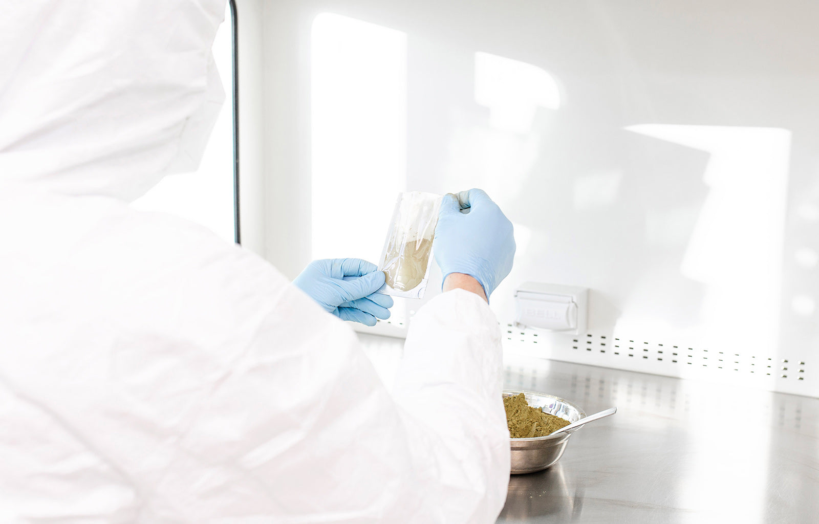 Featured image photograph looking over the shoulder of a Happy Hippo employee using GMP (Good Manufacturing Practices) to examine high-quality kratom powder in a laboratory setting