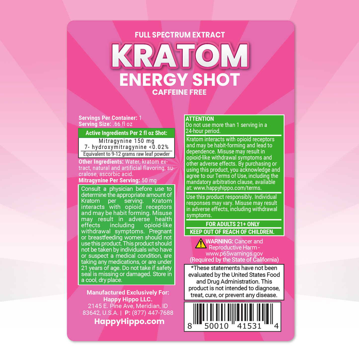Kratom energy shot label with pink background and green text