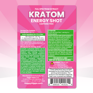 Kratom energy shot label with pink background and green text
