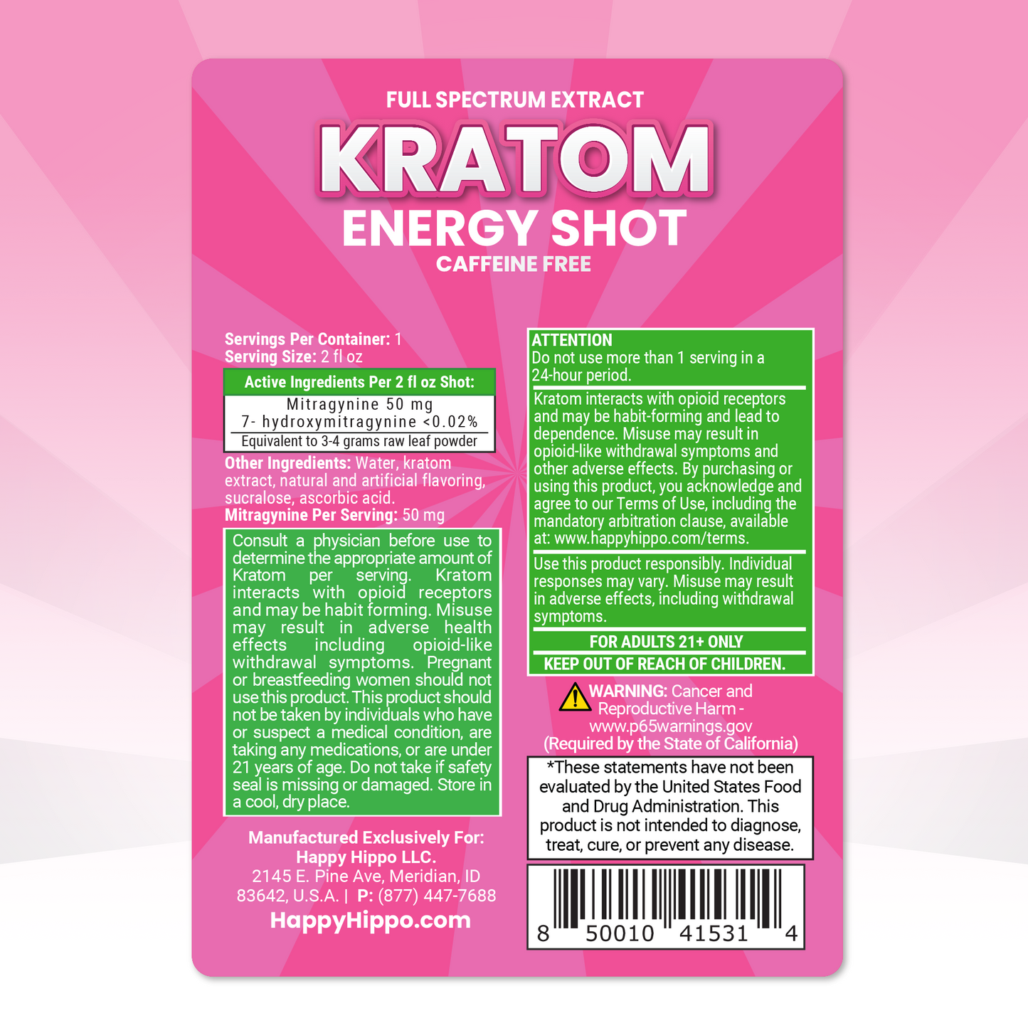 Kratom energy shot label with pink background and green text