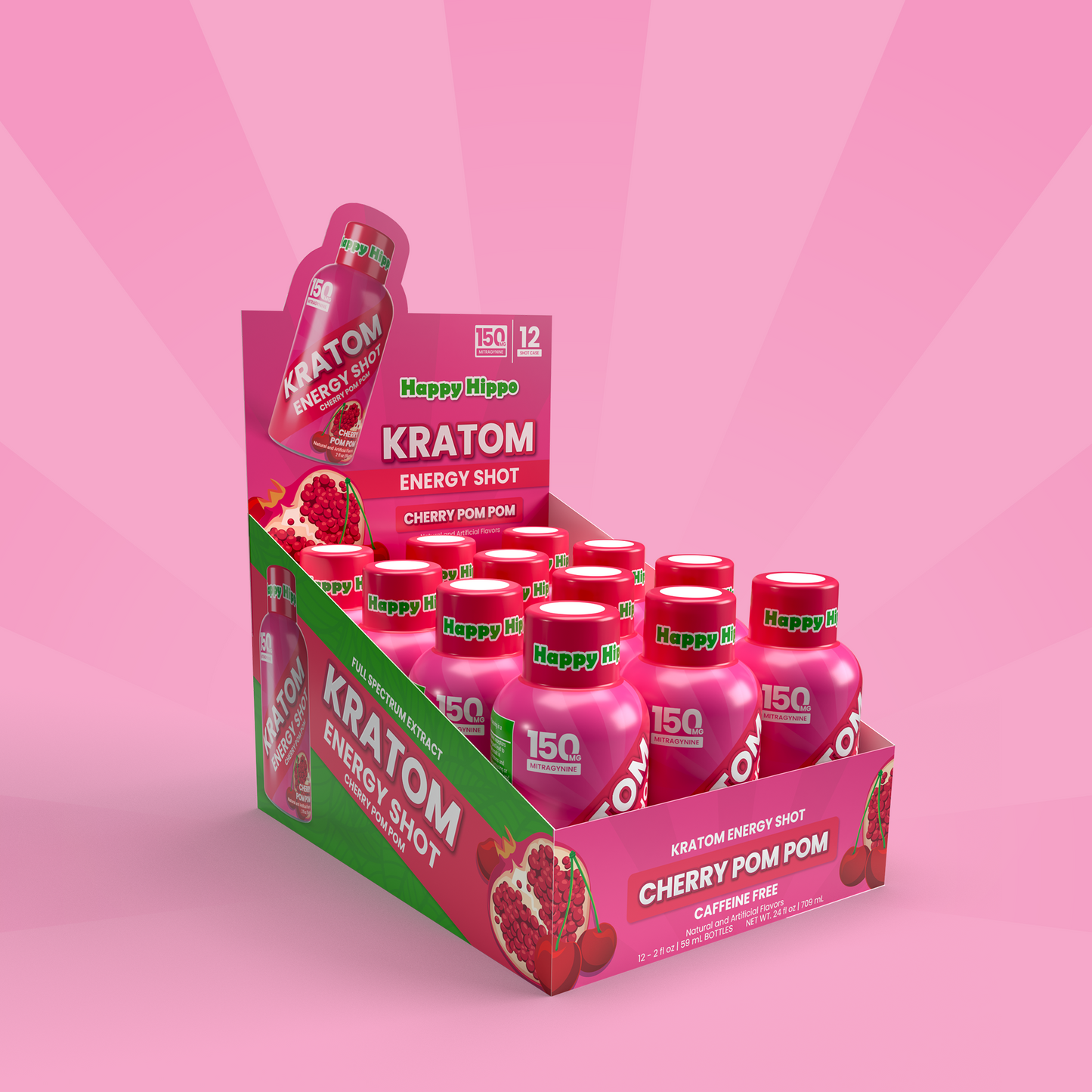 Display of Happy Hippo Kratom Energy Shot Cherry Pom Pom on a pink background