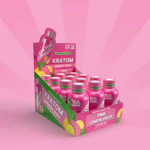 Display of Pink Lemon Drop Kratom Energy Shots with packaging on a pink background