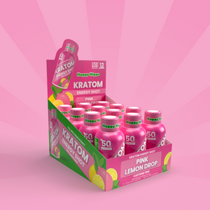 Display of Happy Hippo Kratom Energy Shots in Pink Lemon Drop flavor on a pink background
