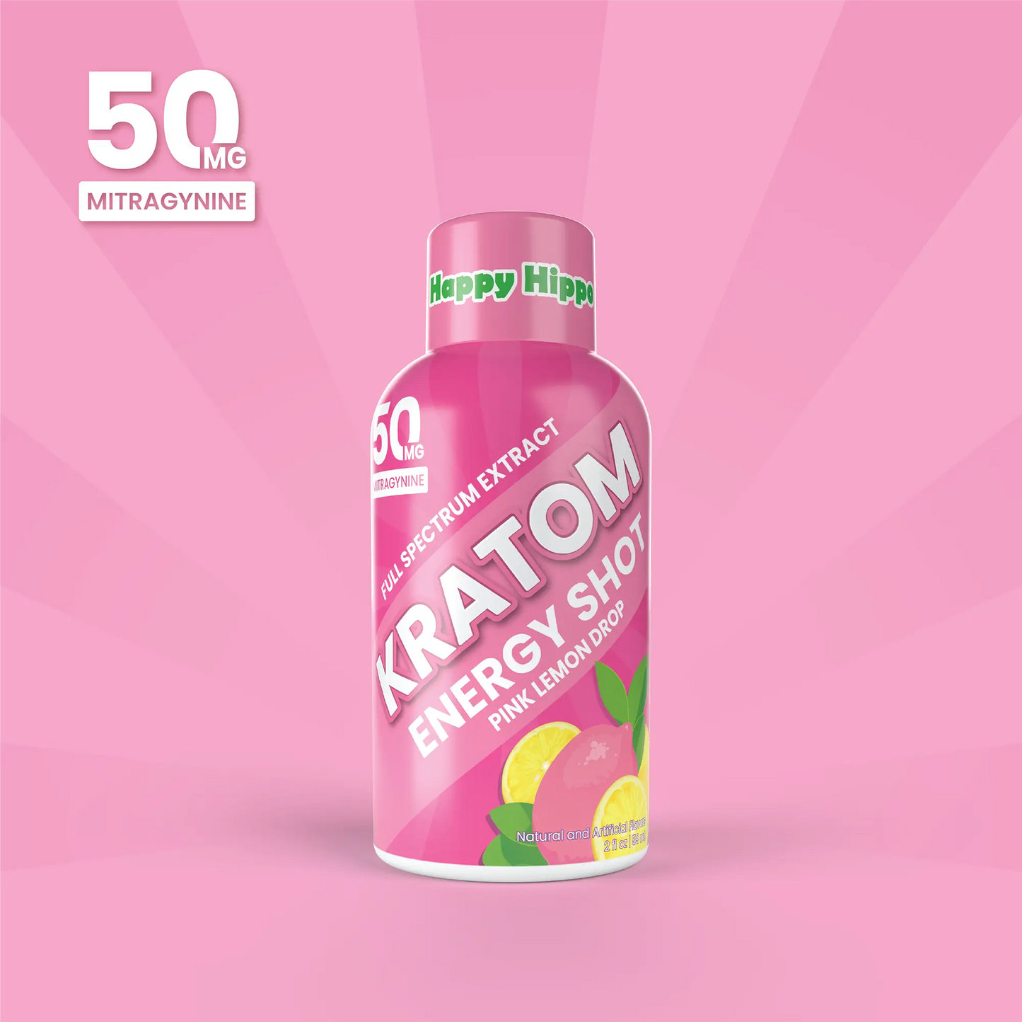 A bottle of Happy Hippo Kratom Energy Shot with 50mg Mitragynine, presented on a pink background.