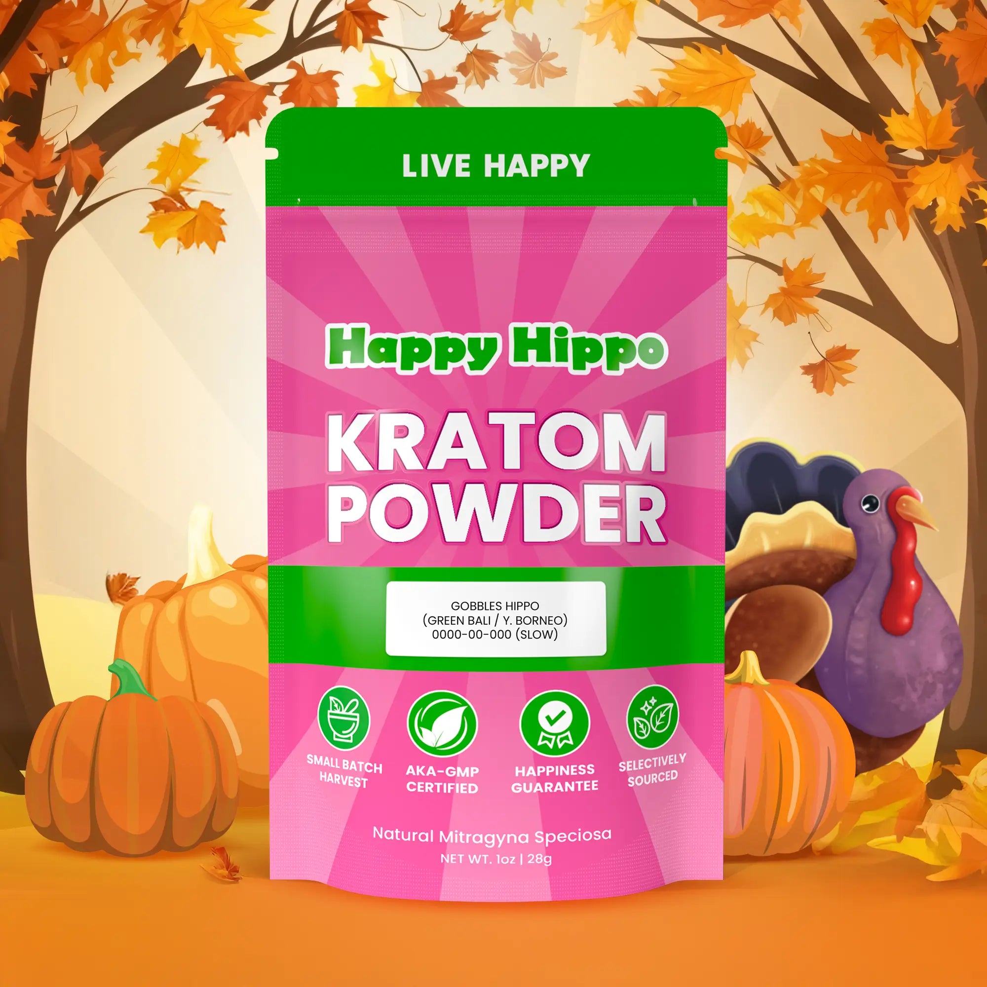 Thanksgiving Kratom Powder Bag: Gobbles Hippo (Green Bali / Yellow Borneo Blend)