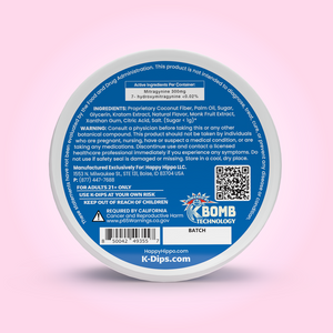 Product image depicting the back of the kratom dip canister for K-Dips, Kratom Dip Pouches. Blue Razzle Flavor. 20mg Mitragynine, and 15 pouches per canister. With K Bomb Technology.