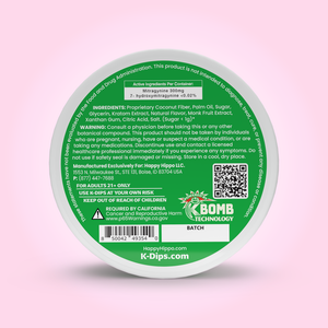 Product image depicting the back of the kratom dip canister for K-Dips, Kratom Dip Pouches. Wintergreen Flavor. 20mg Mitragynine, and 15 pouches per canister. With K Bomb Technology.