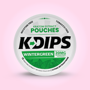 Featured image depicting the dip canister and label for K-Dips, Kratom Dip Pouches. Wintergreen Flavor