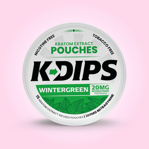 Featured image depicting the dip canister and label for K-Dips, Kratom Dip Pouches. Wintergreen Flavor