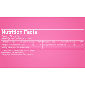 Botanical Facts for a four ounce bag of Happy Hippo Kratom Tea Powder. Serving size, 1 to 2 grams. 112 to 56 servings per container in a 4oz bag. 100% Mytragyna Speciosa Powder, no other ingredients. Do not exceed 2 servings per 24-hour period.