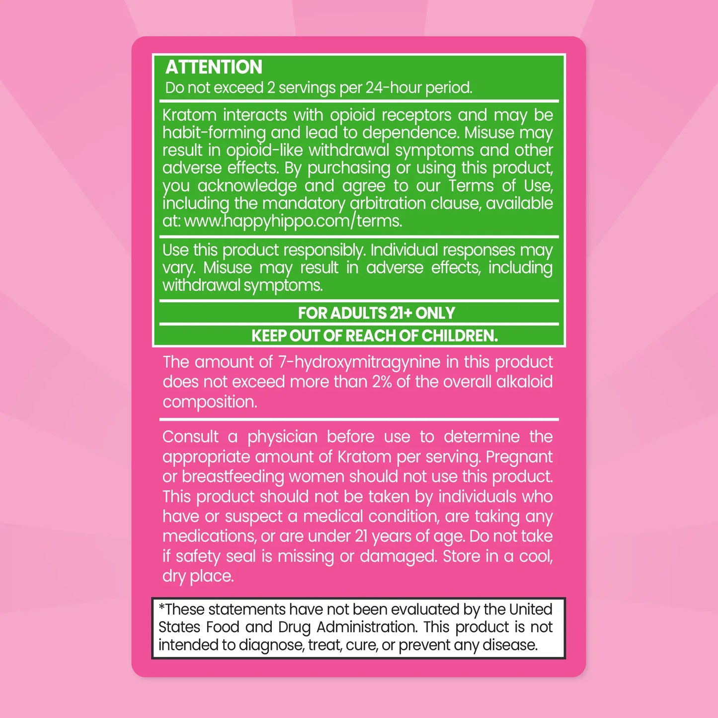 Pink product packaging with green and white text warning and instructions.