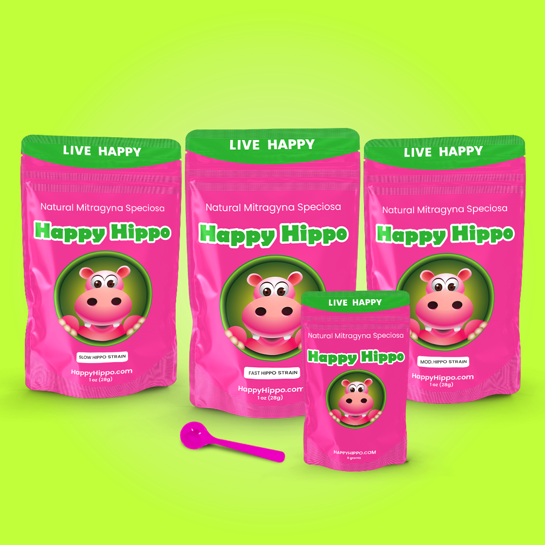 Product image of three 1-ounce resealable packets of Happy Hippo Kratom Powders, as well as a 1-gram little pink measuring scoop, and a 5-gram sample packet of Happy Hippo Kratom Powder