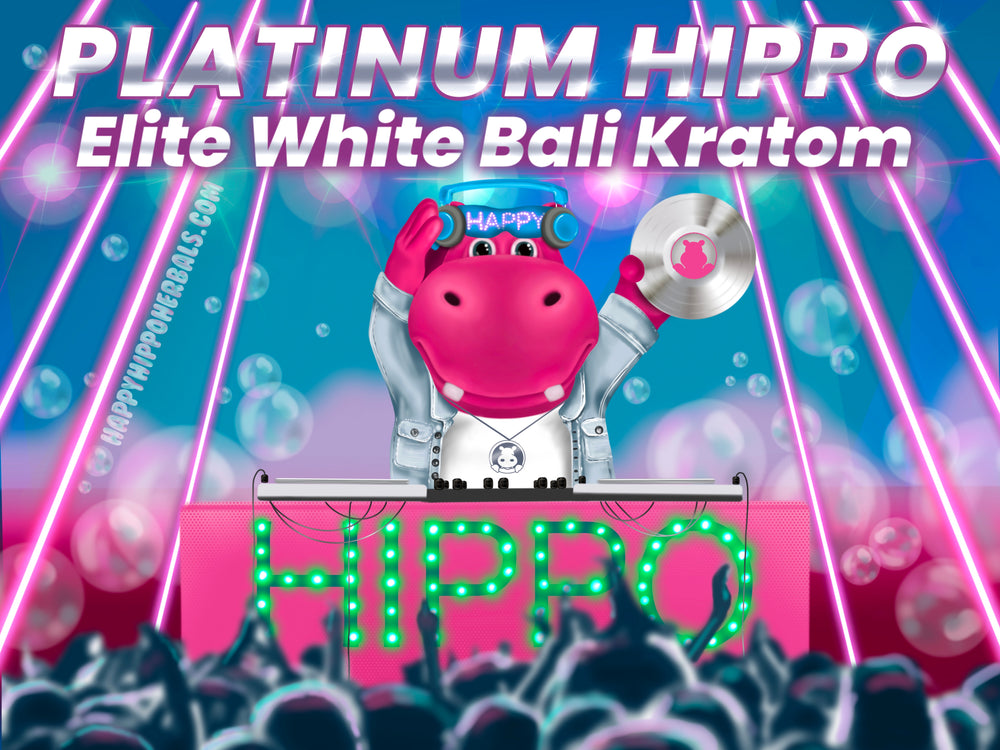 Graphic Designed image depicting Puddles the Hippo working a DJ's turn-tables while promoting White Bali Kratom Powder (Platinum Hippo)