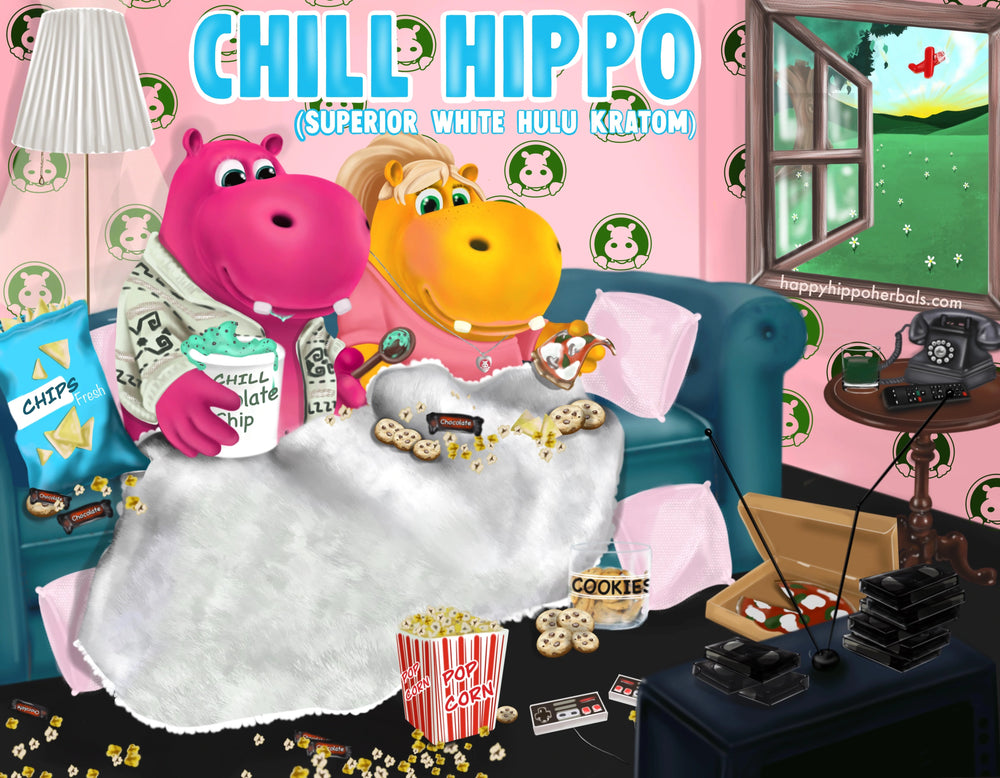 Graphic designed image depicting Puddles the Hippo sitting on the sofa watching netflix with a lady friend and sipping kratom tea made from White Hulu Kratom Powder (Chill Hippo)