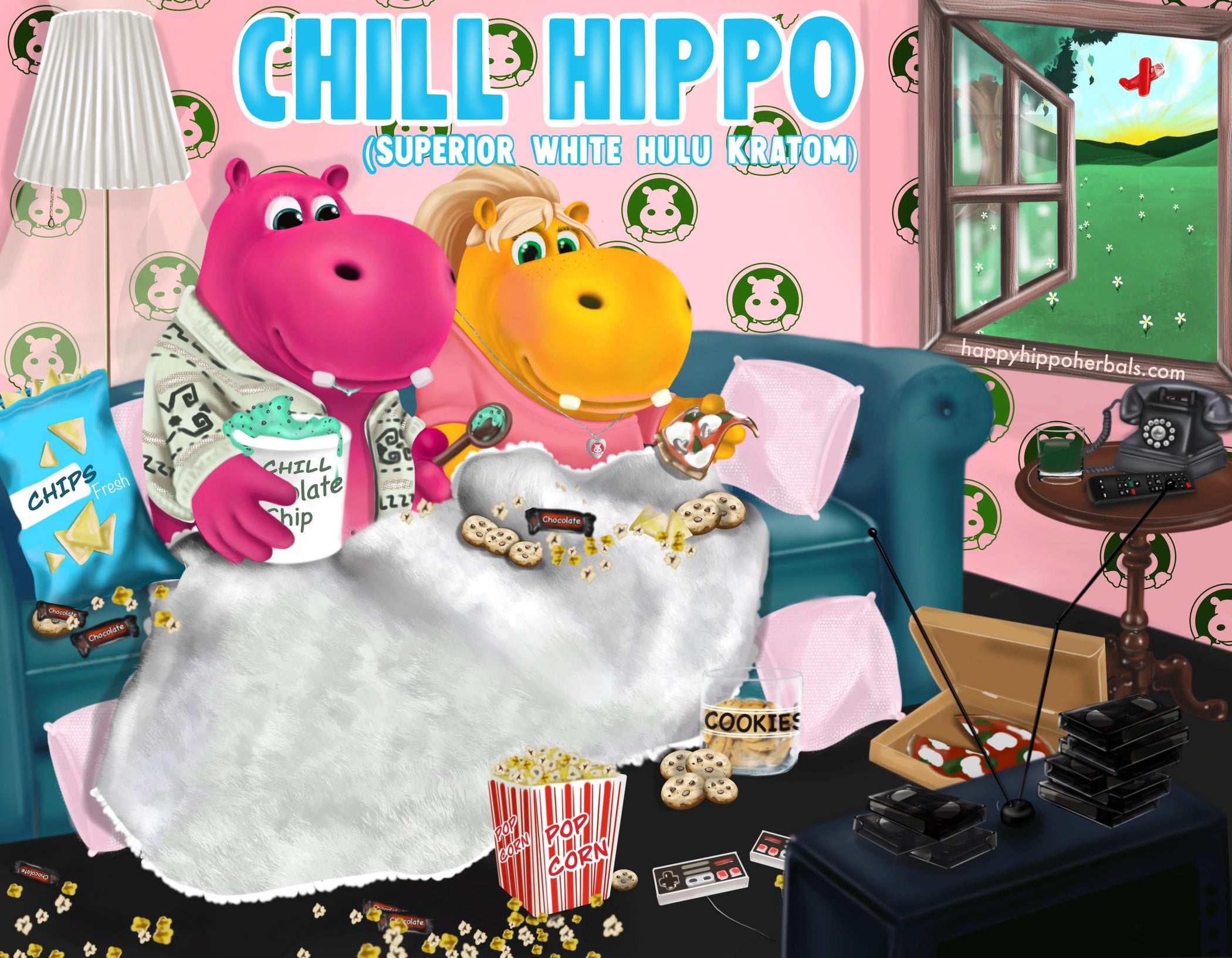 Graphic designed image depicting Puddles the Hippo sitting on the sofa watching netflix with a lady friend and sipping kratom tea made from White Hulu Kratom Powder (Chill Hippo)