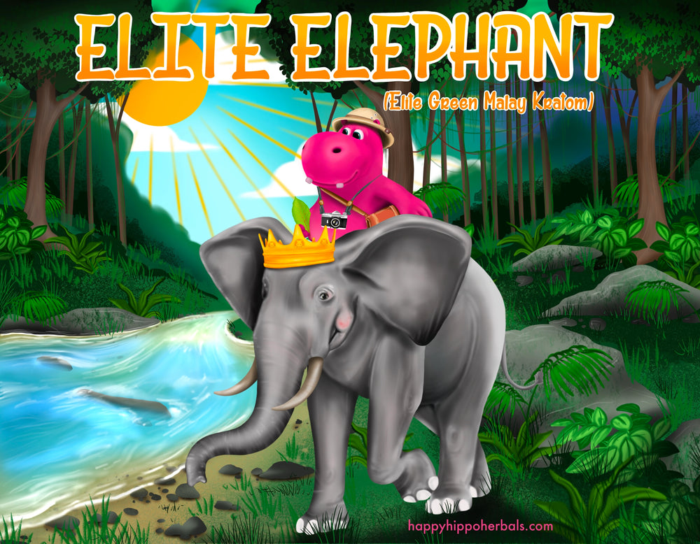 Graphic designed image depicting Puddles the Hippo riding on an elephant through the Malaysian jungle while searching for Green Malay Kratom Powder (Elite Elephant)