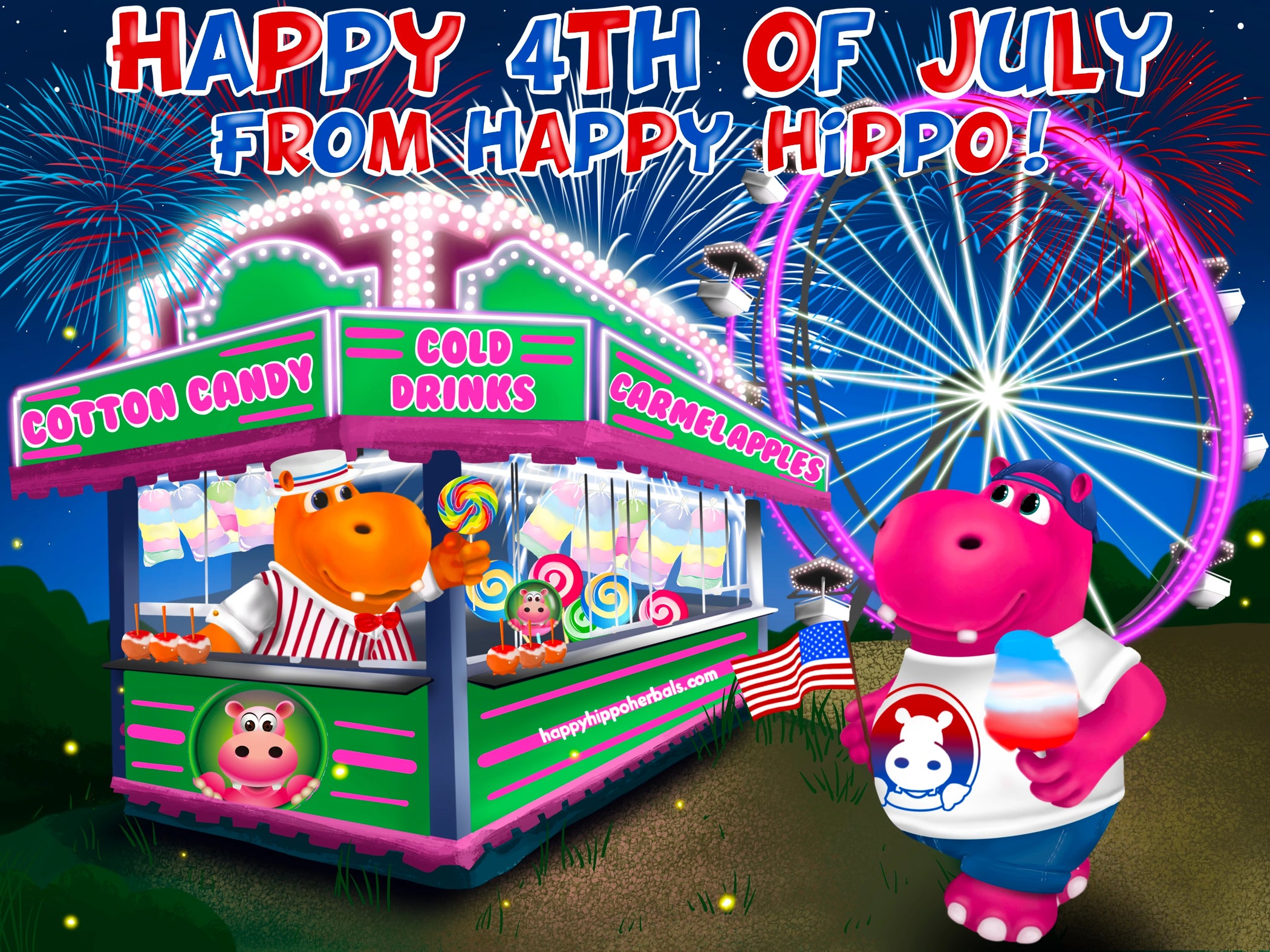 Graphic Designed image depicting Puddles the Hippo character enjoying the 4th of July celebration while buying red, white, and green kratom powder from another hippo at a food stand. American and Happy Hippo Kratom Powder, two great things that are even more great together