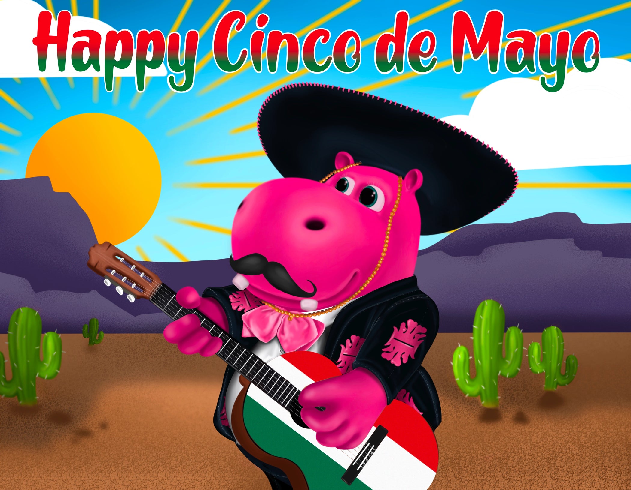 Graphic Designed Image depicting Puddles the Hippo character wearing mustache, sombrero and Mariachi jacket, while playing a guitar painted in the red, white, and green colors of Mexico - Puddles celebrates Cinco de Mayo by singing an ode to Happy Hippo Brand Kratom Powder